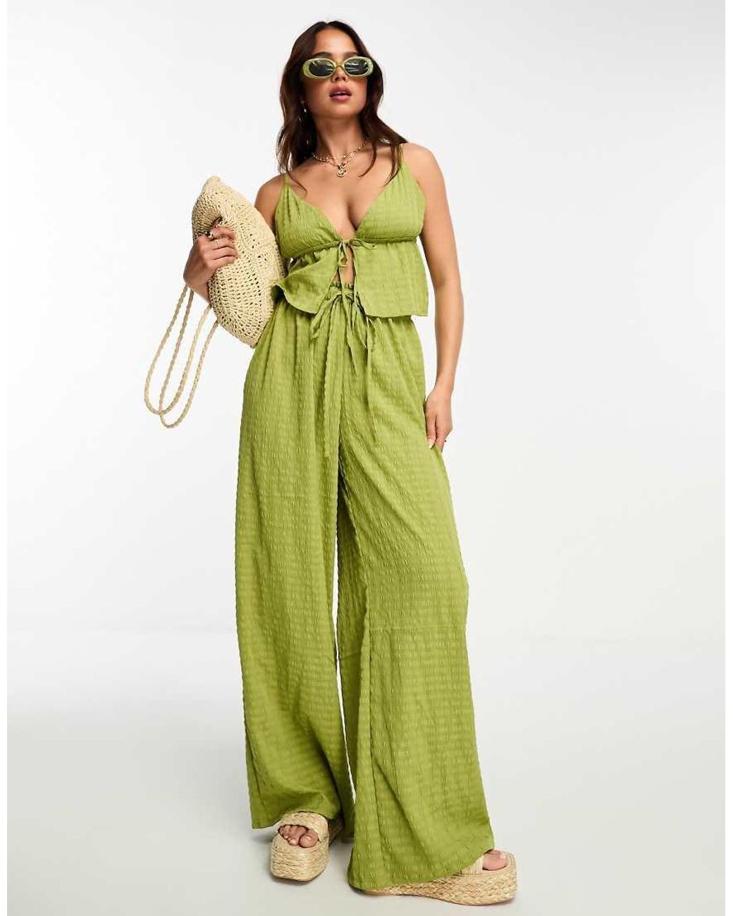 esmé studios Green Esmee Exclusive Beach Textured Tie Front Top Co-Ord