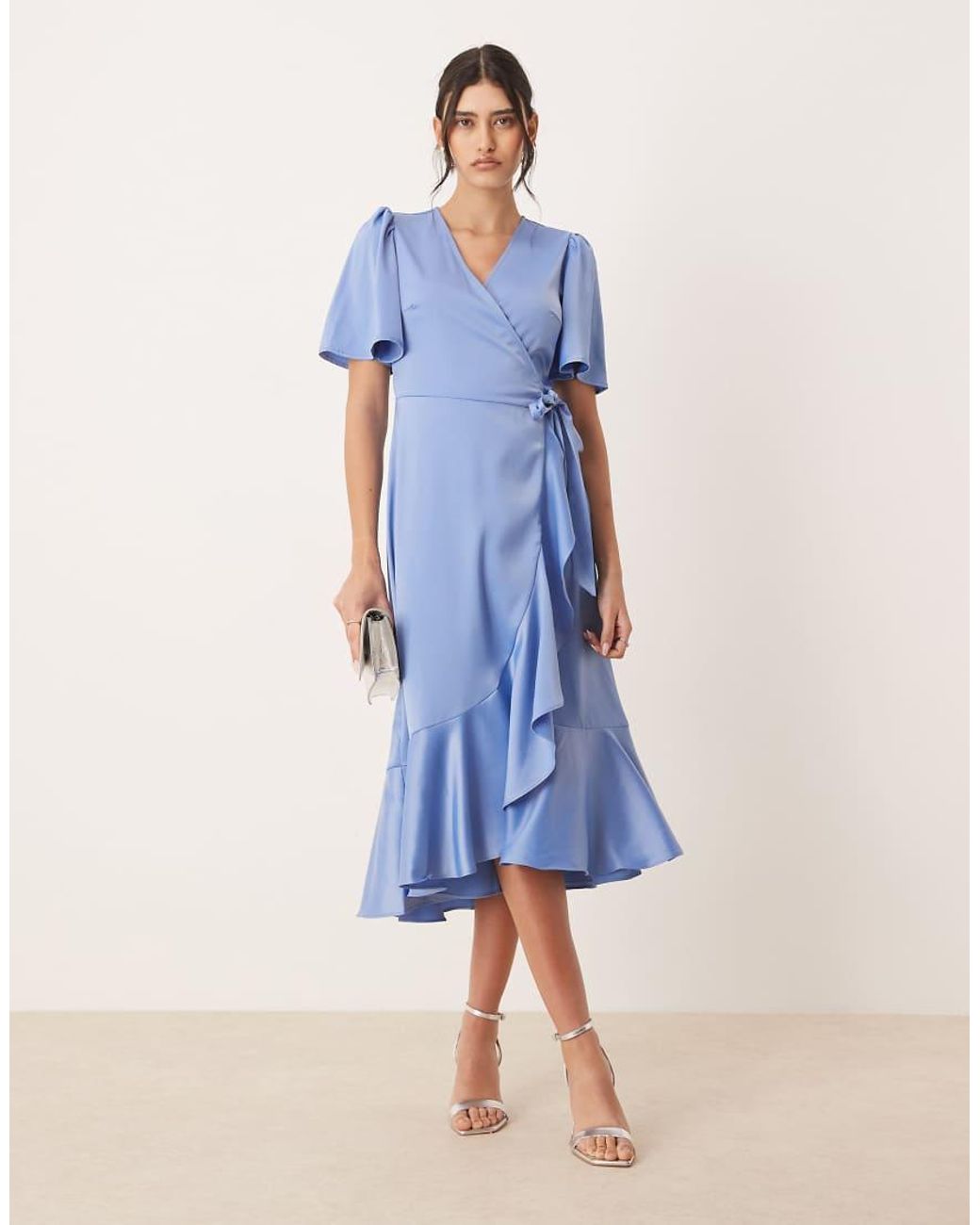 Y.A.S Blue Satin Wrap Midi Dress