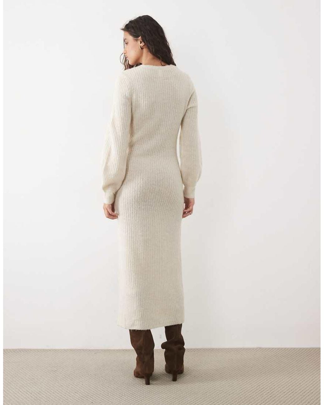 Y.A.S Natural Button Front Balloon Sleeve Knitted Maxi Dress