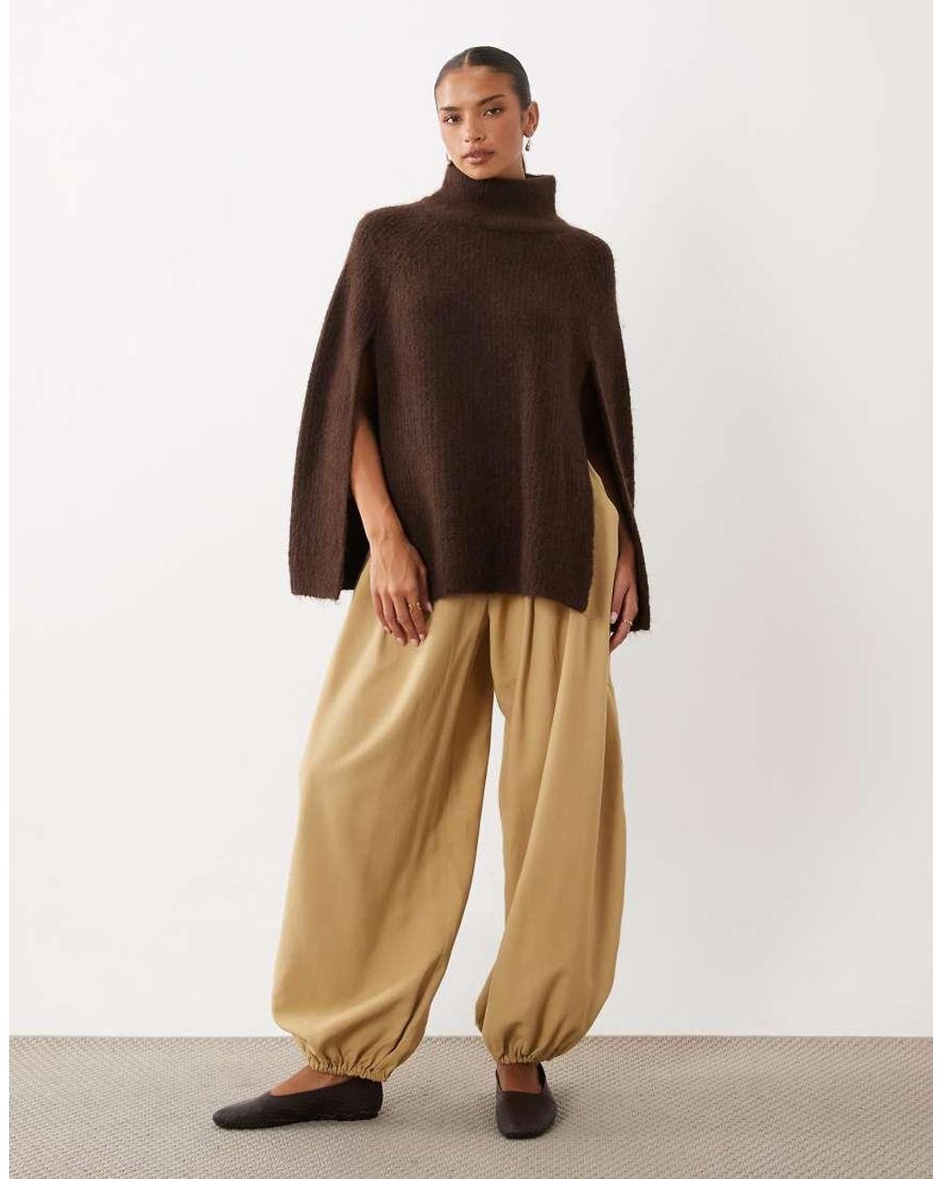 Gina Tricot Brown Knitted Wool Alpaca Ribbed Turtleneck Sweater