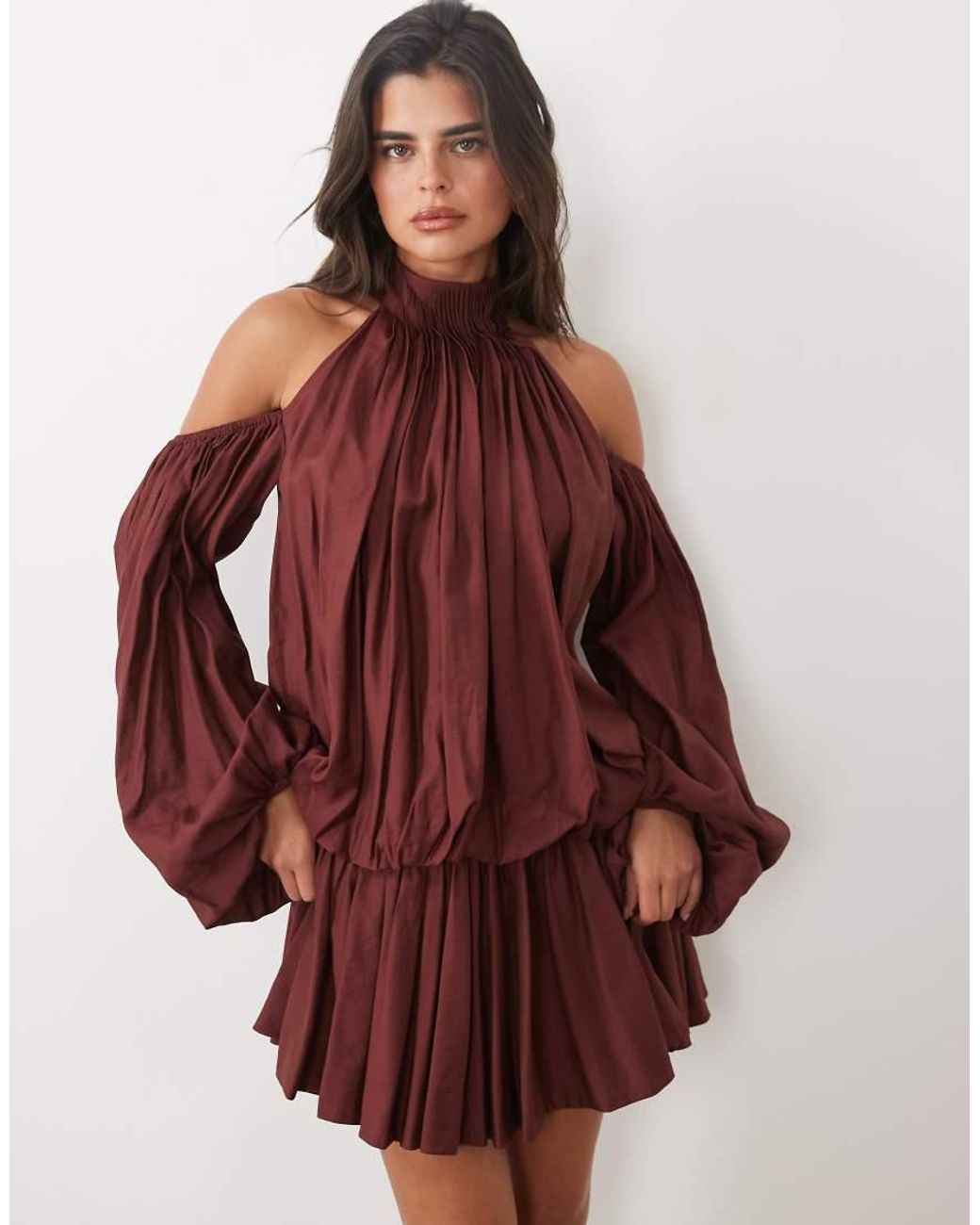 ASOS Red Blouson Cold Shoulder Mini Dress With Flippy Skirt