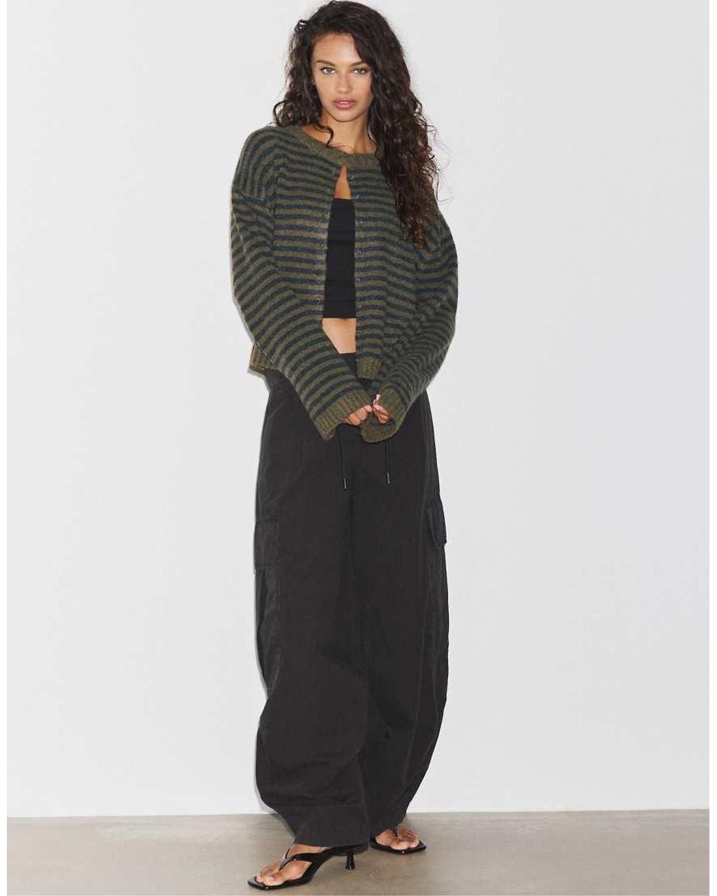 Stradivarius Green Striped Knit Cardigan