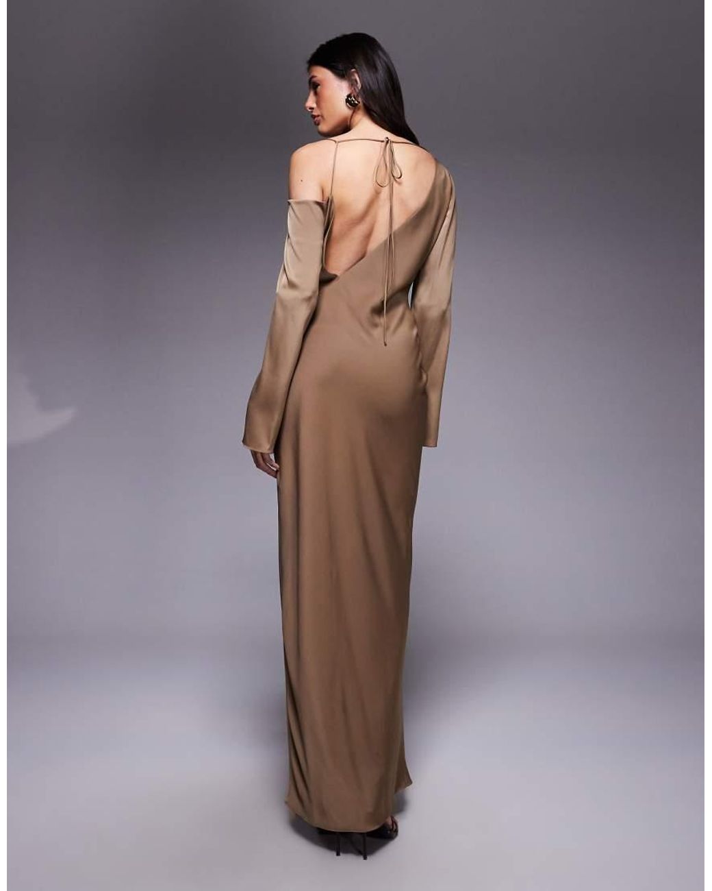 ASOS Brown Asos Design Tall Asymmetric Neckline Tie Back Midi Dress