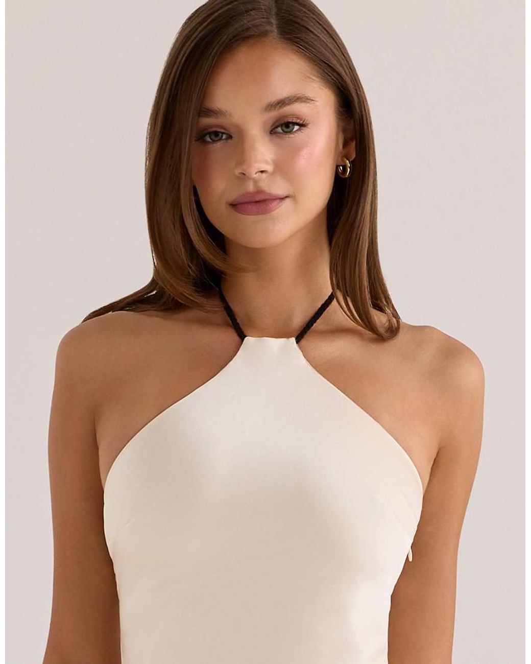 House Of Cb Natural Larissa Vintage Cream Satin Halter Neck Mini Dress