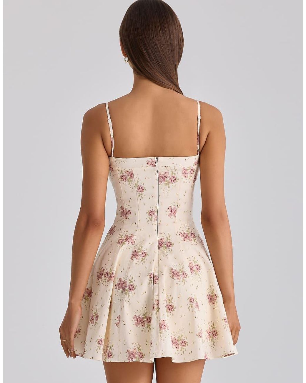 House Of Cb Natural Dolly Ivory Vintage Rose Print Cotton Flared Mini Sundress