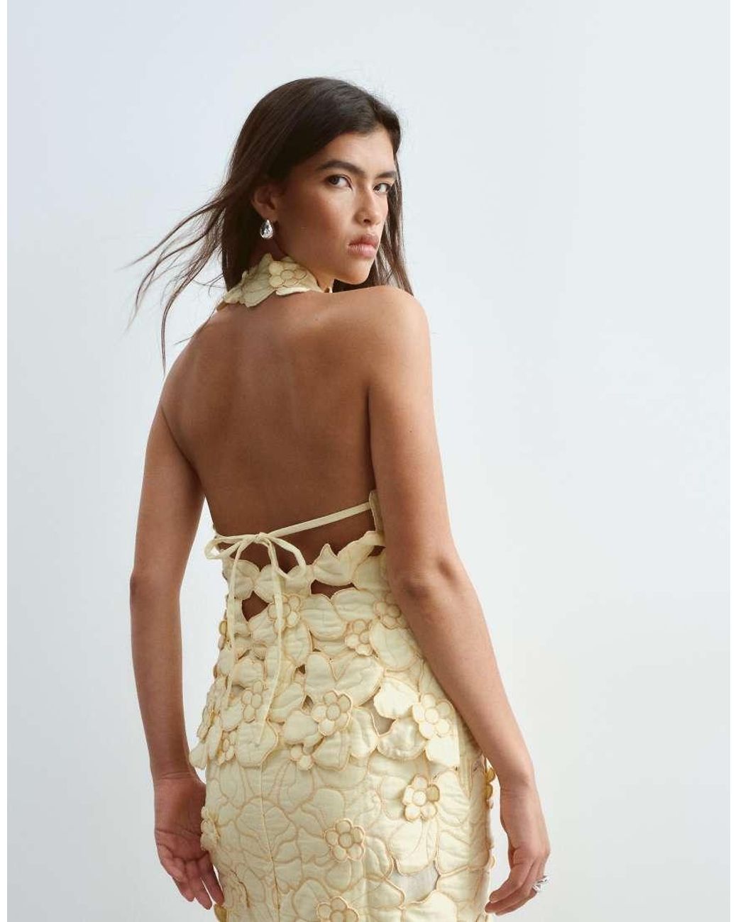 ARRANGE Natural Floral Embroidered Linen Cutwork Halterneck Top Co-ord