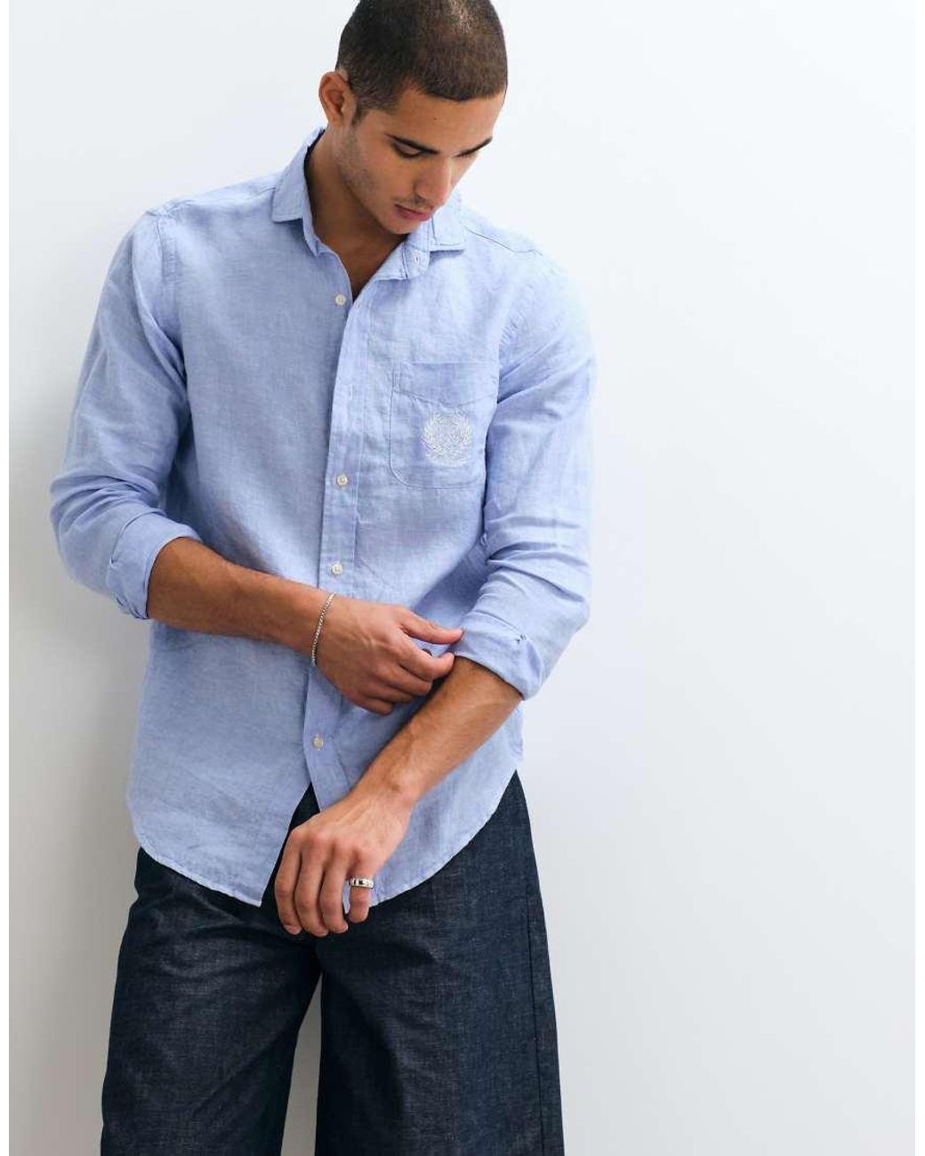 Polo Ralph Lauren Blue Wimbledon Capsule Crest Embroidered Pocket Linen Shirt for men