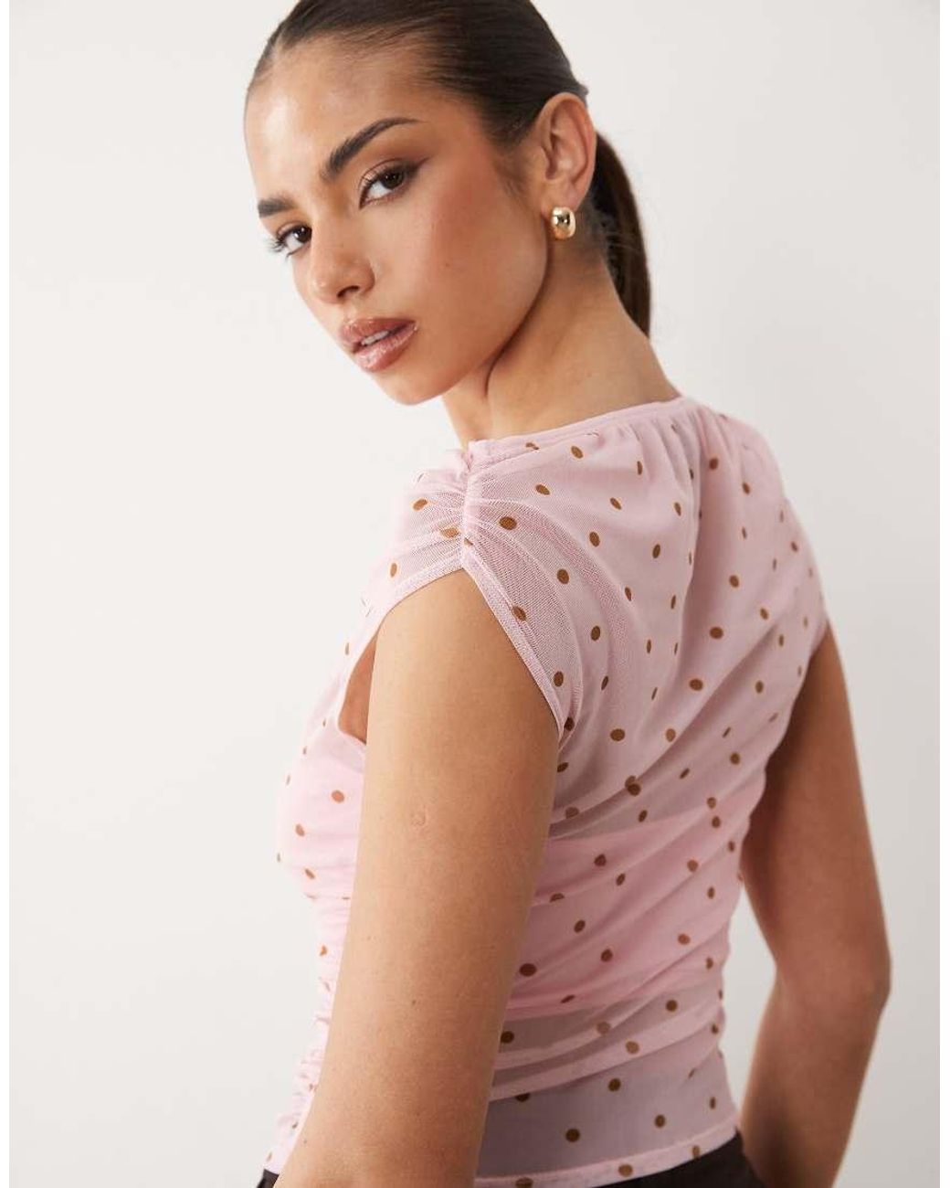 ASOS Pink Mesh Gathered Short Sleeve Off Shoulder Top