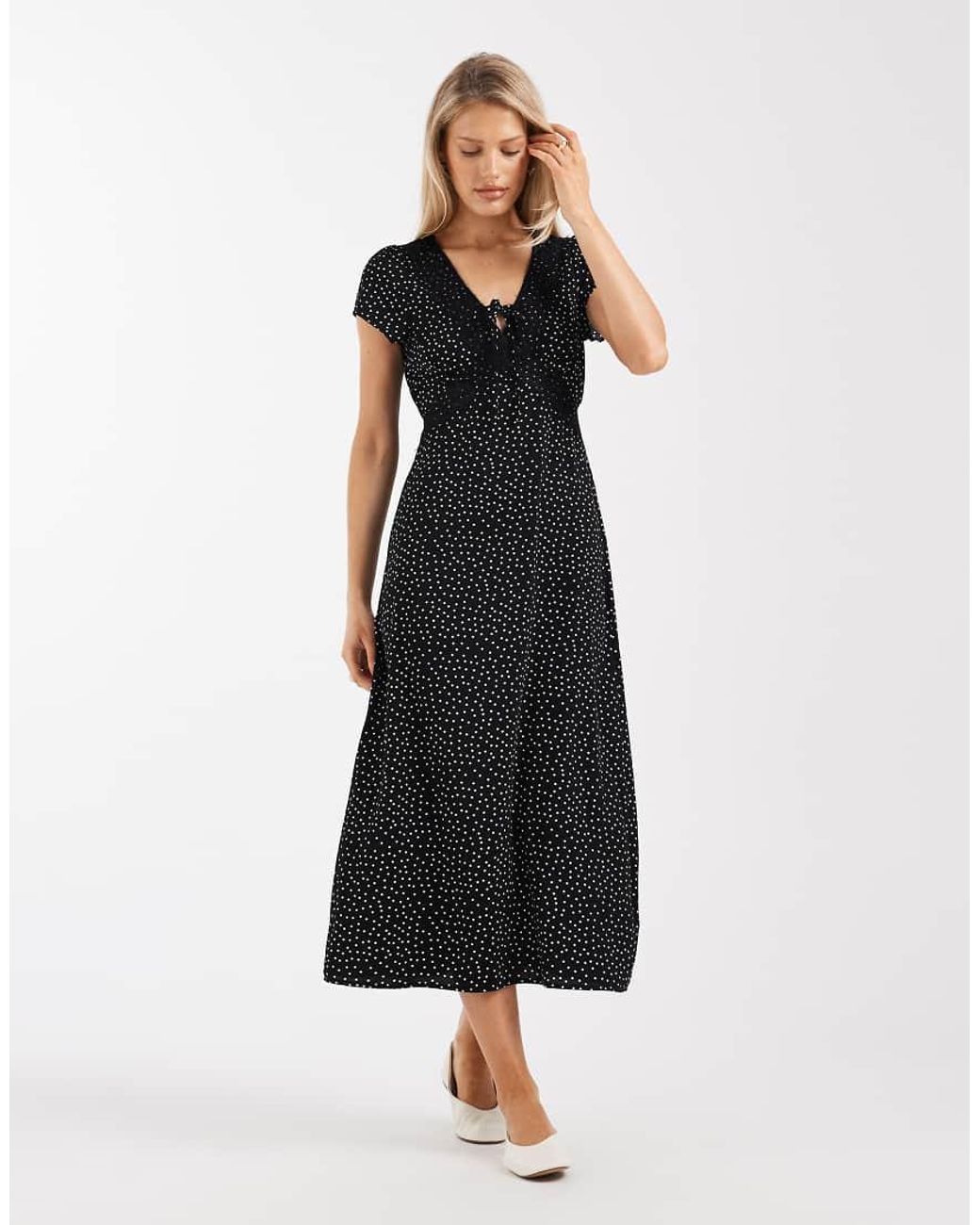 Brave Soul Black Tie Front Midi Dress With Lace Detail