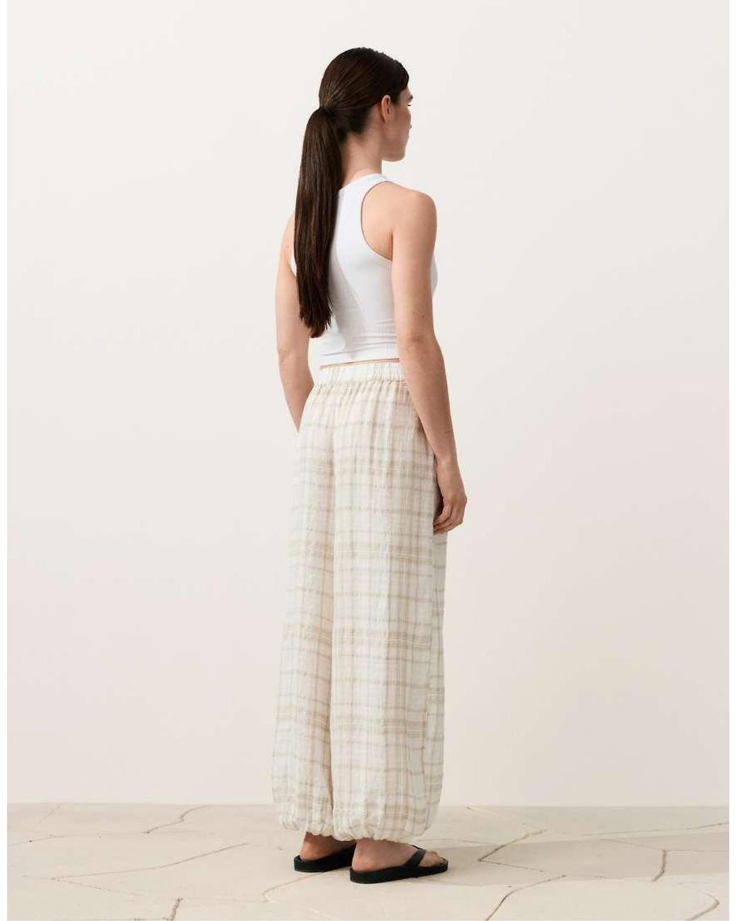 Oysho Natural Long Checked Bloomer Trousers With Side Pockets.65% Linen