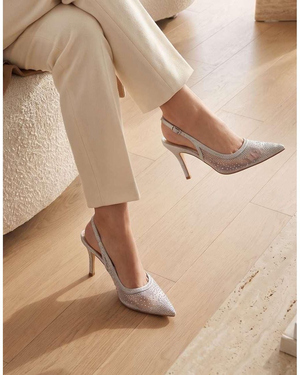 SEQWL White Mesh Slingback Shoes Mid Heel Pumps