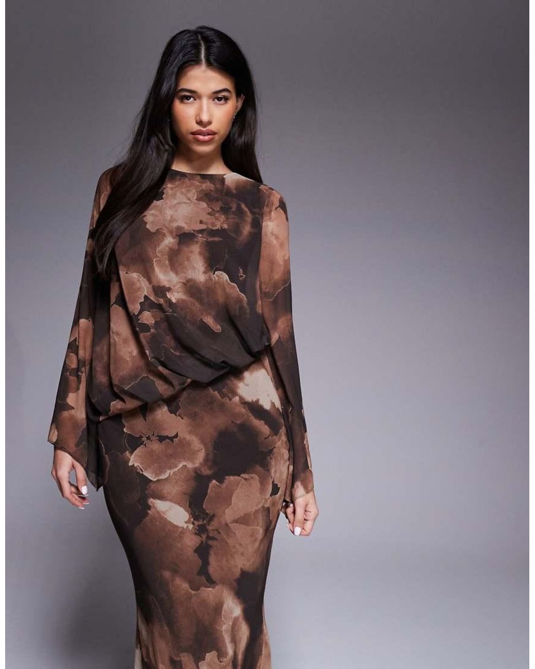 DASKA Brown Chiffon Asymmetric Blouson Top Maxi Dress