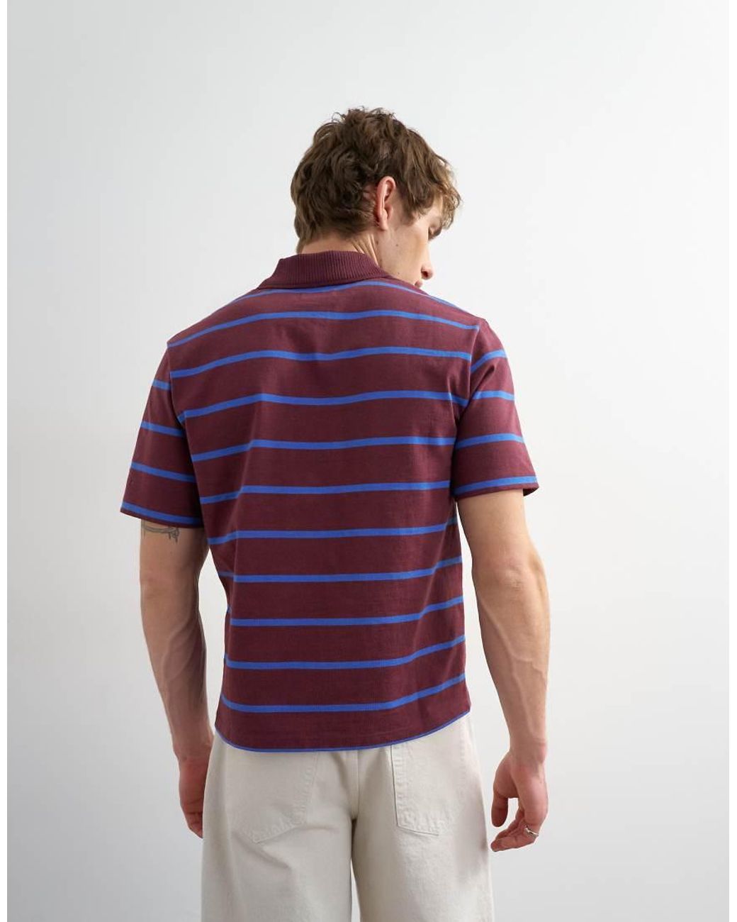 Topman Purple Relaxed Cropped Fit Striped Polo for men