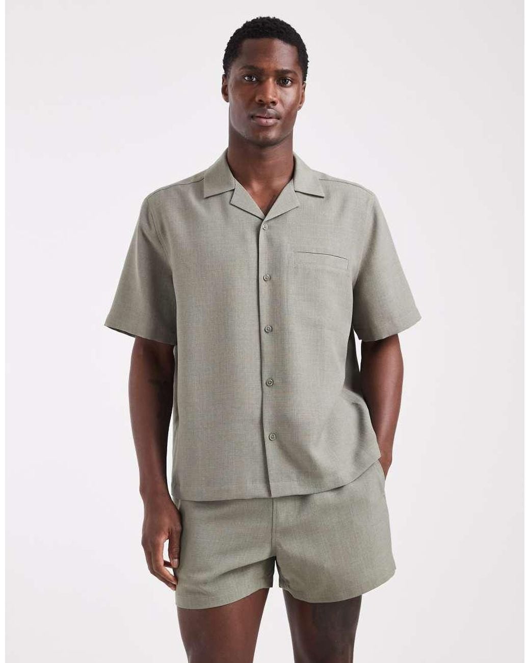 ASOS Gray Co-ord Linen Look Relaxed Revere Shirt for men