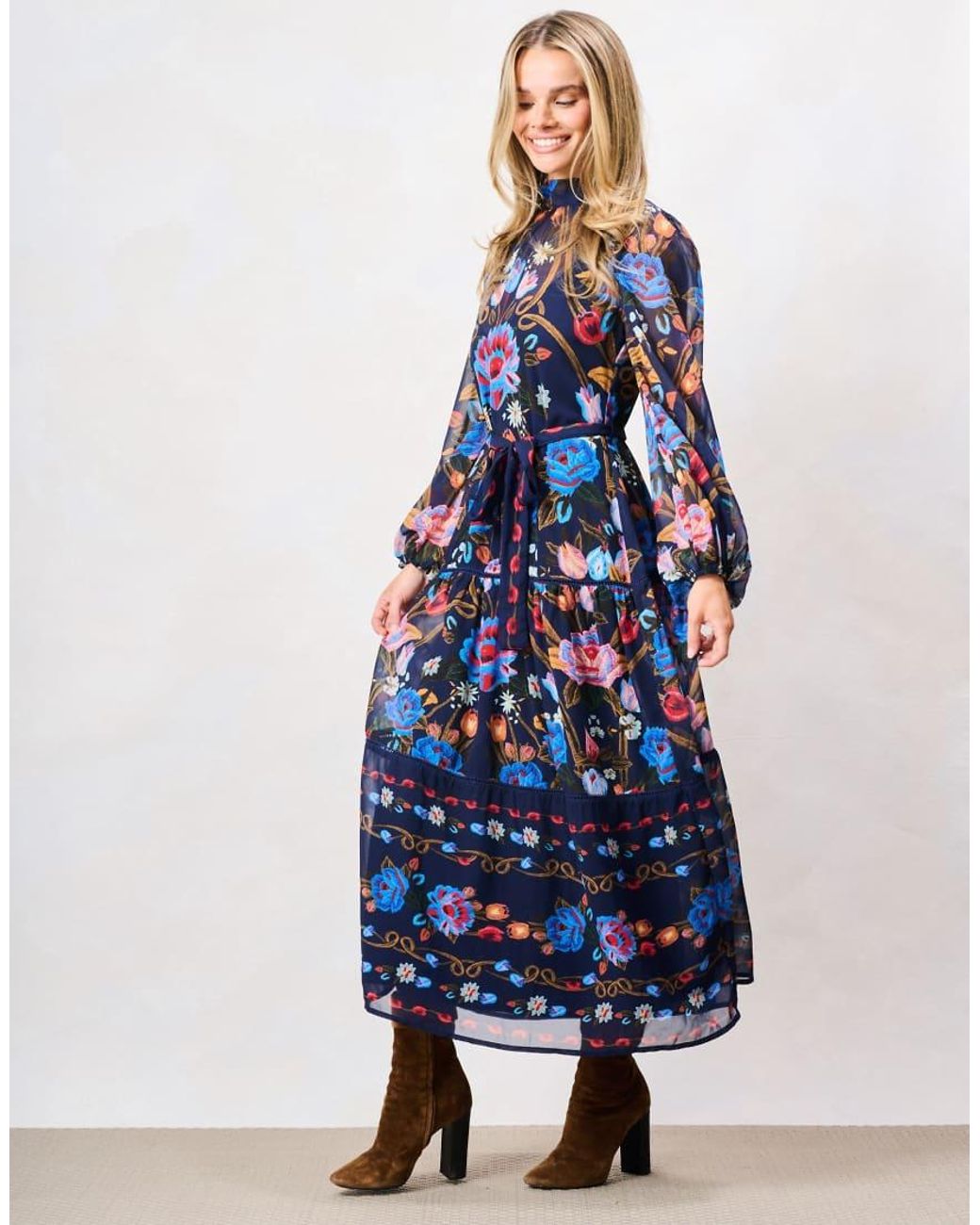 Hope & Ivy Blue Twila High Neck Blouson Sleeve Midi Dress With Belt