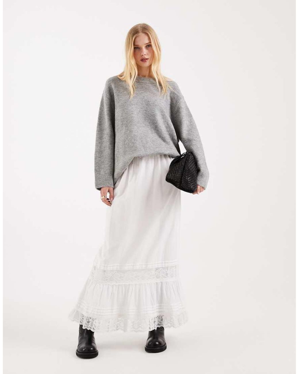 Miss Selfridge Natural Cotton Poplin Skirt With Lace Inserts