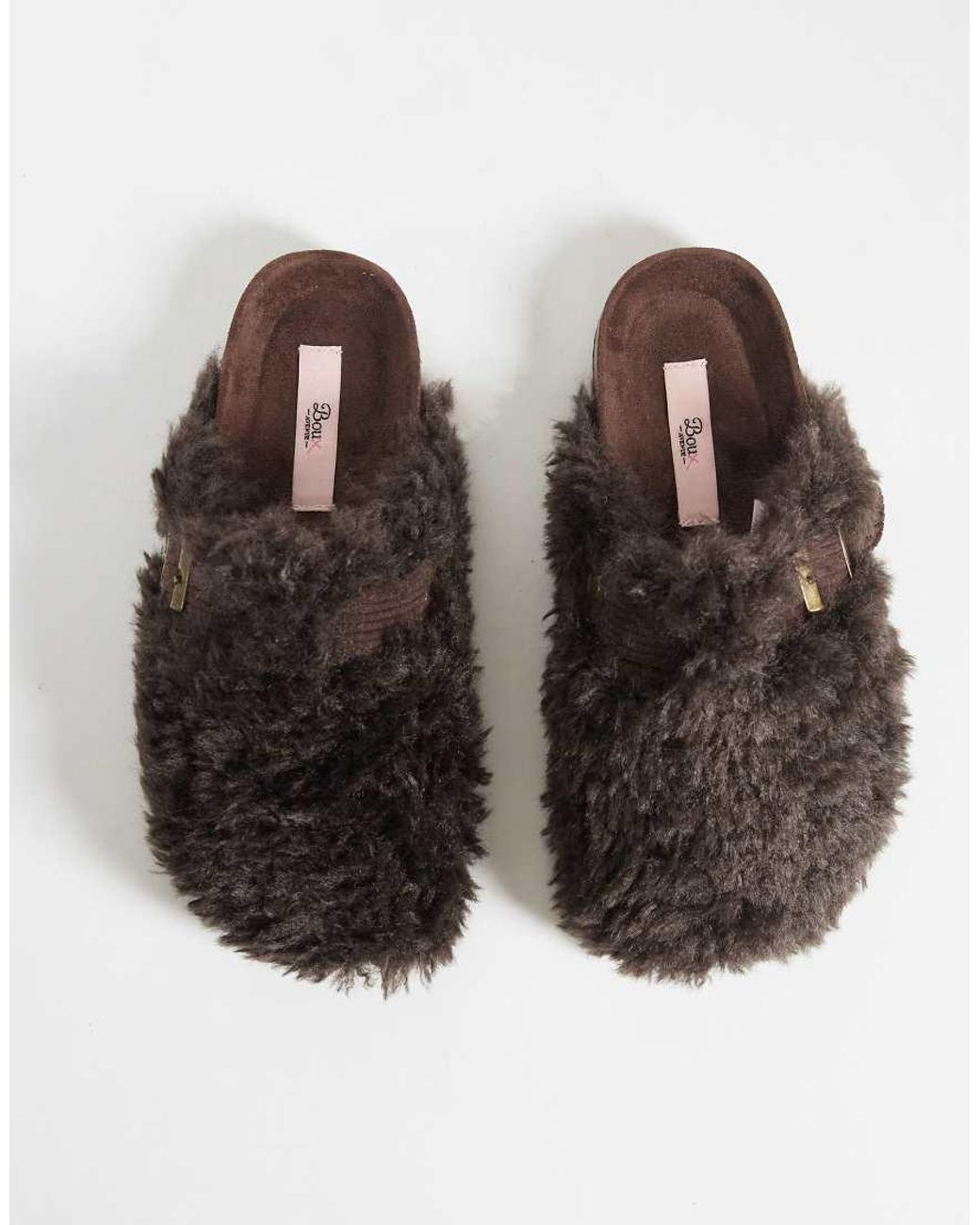 Boux Avenue Brown Fluffy Buckle Detail Mule Slippers
