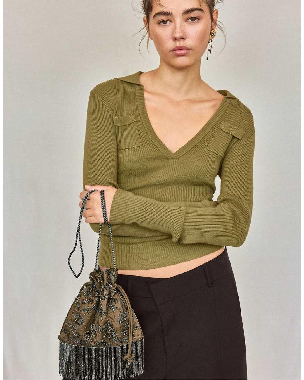 Stradivarius Natural Beaded Fringed Crossbody Bag