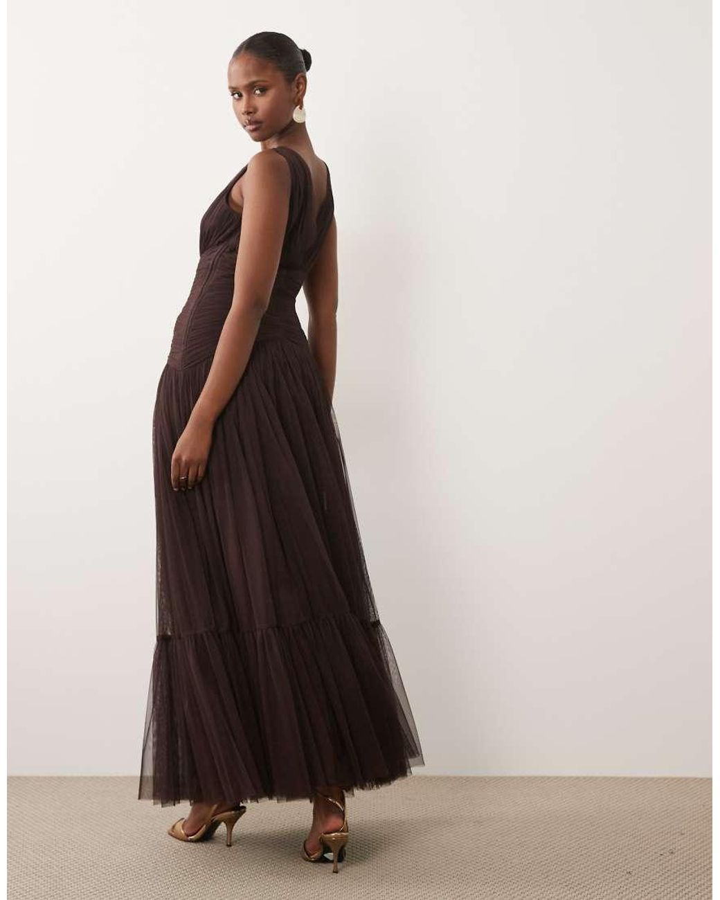 LACE & BEADS Multicolor Bridesmaid Tulle Sleeveless Dropped Waist Tiered Hem Maxi Dress