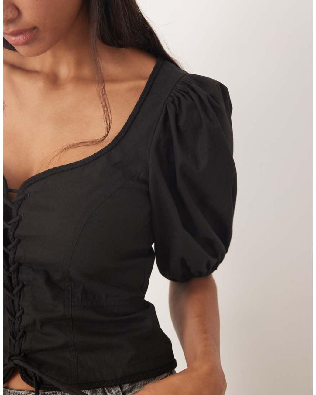 ASOS Gray Puff Sleeve Lace Up Front Top-black