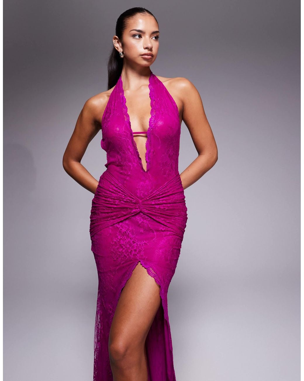 Murci Exclusive Lace Halterneck Deep Plunge Front Split Maxi Dress in Pink  | Lyst