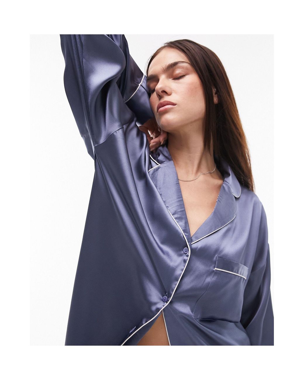 Woud bros stoeprand TOPSHOP Satin Piped Pyjama Shirt And Trouser in Blue | Lyst