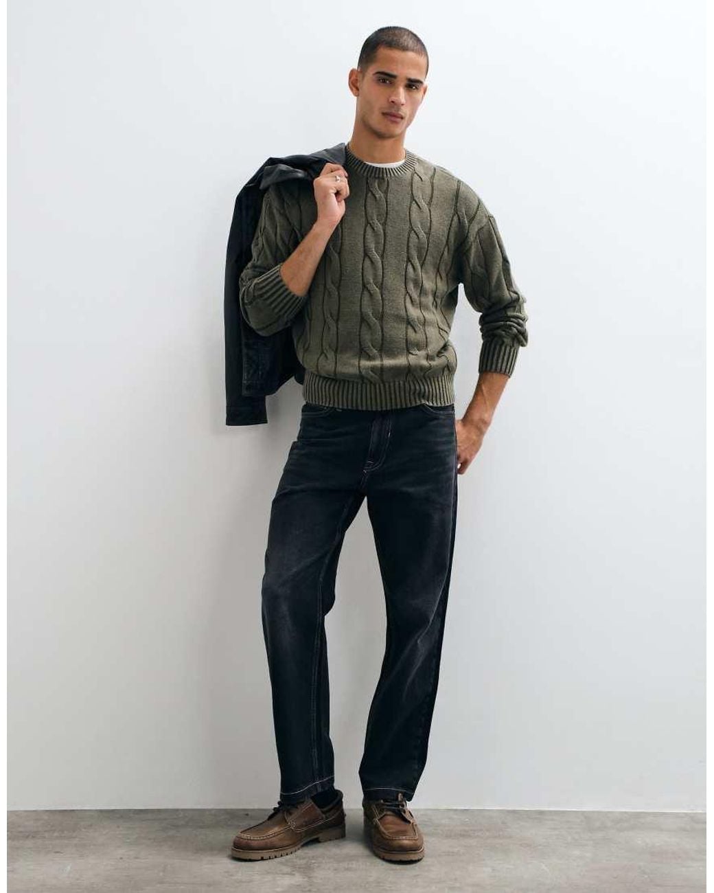 Hollister Green Knitted Cable Knit Jumper for men