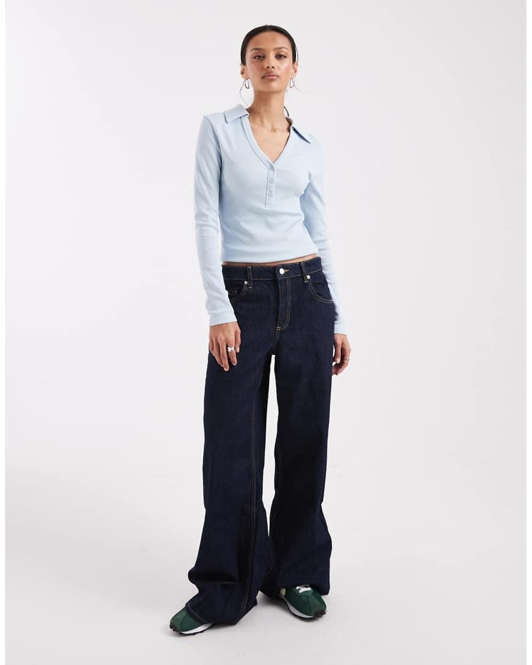 ASOS White Shrunken Rib Henley Long Sleeve Top With Collar