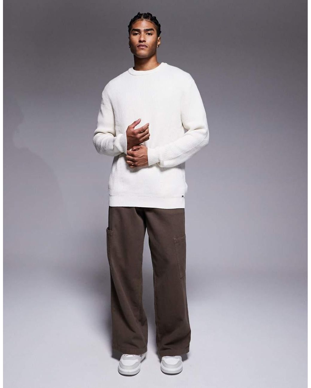 River Island White Knitted Rib Crew Neck for men