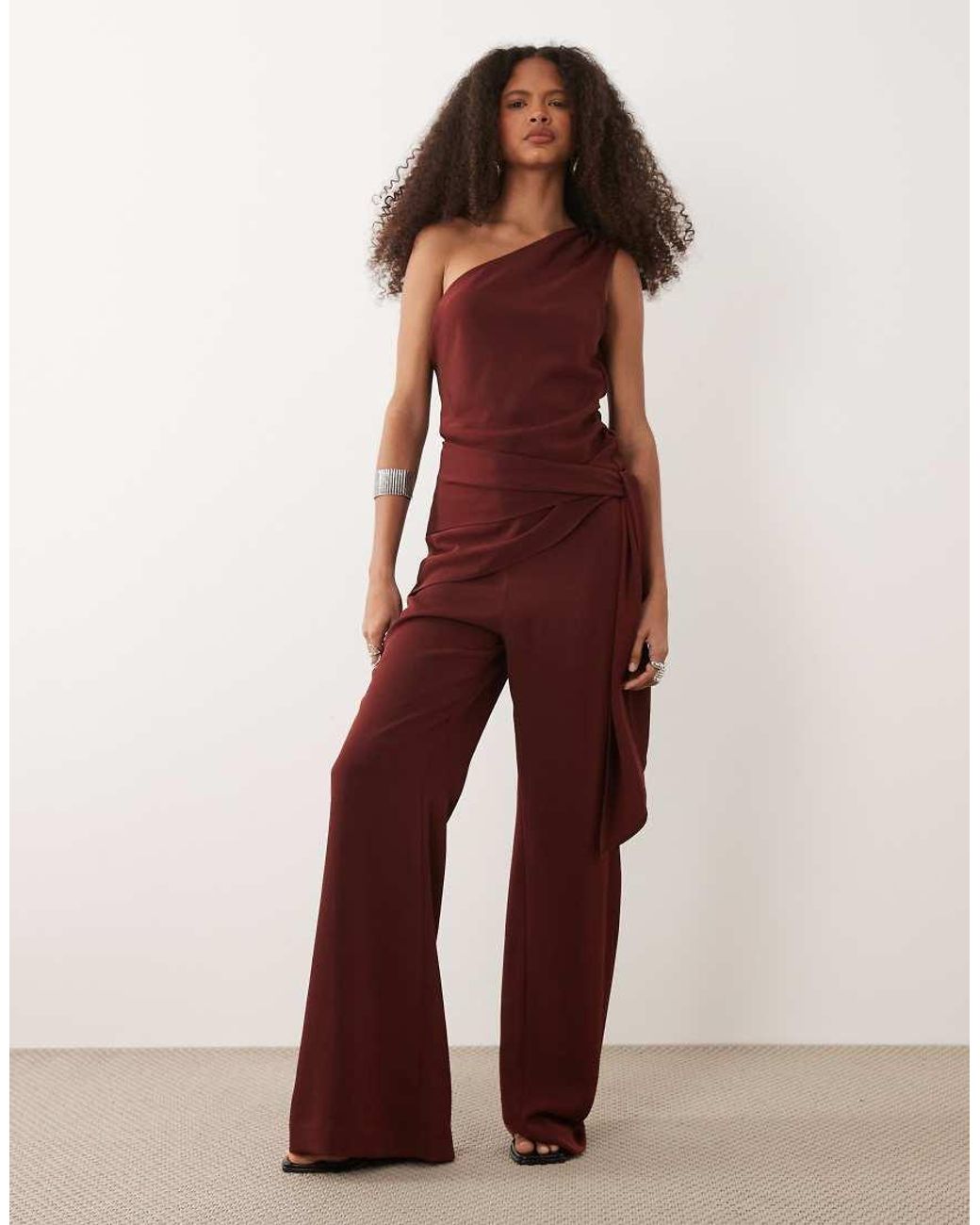 Mango Red One Shoulder Tie Waist Jumpsuit