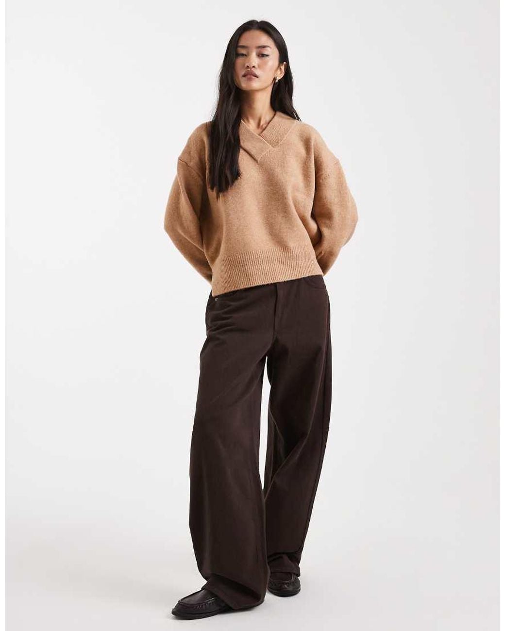 ASOS Brown Boxy V Neck Jumper With Side Split Detail
