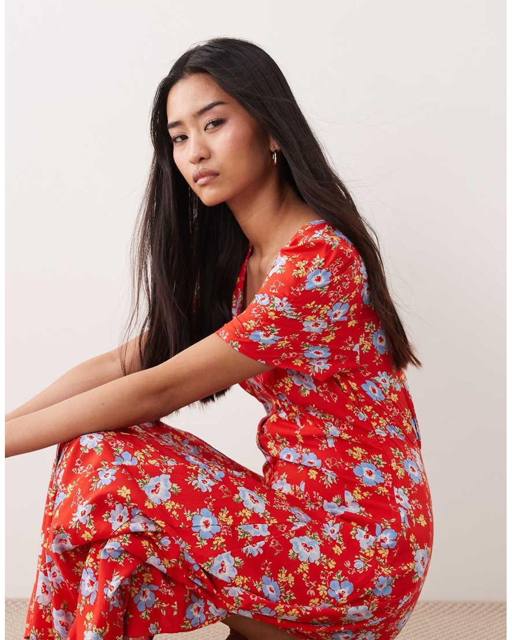 Nobody's Child Red Bonnie V-neck Short Sleeve Midi Dress