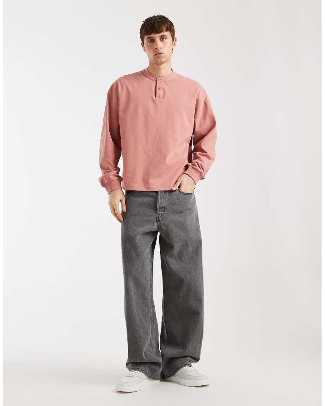 ASOS Oversized Recht T-Shirt Van Zware Stof Met Lange Mouwen En Henley-Hals in het Red voor heren