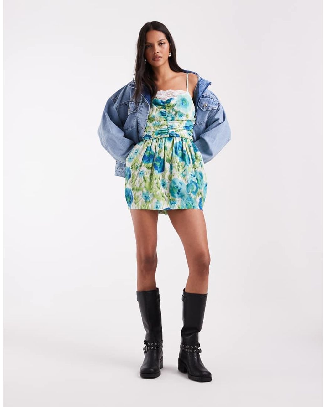 ASOS Blue Ruched Mini Dress With Lace