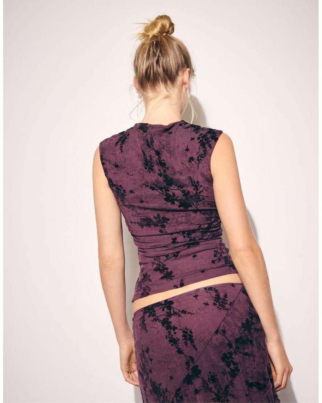 Stradivarius Purple Flocked Sleeveless Funnel Neck T-Shirt