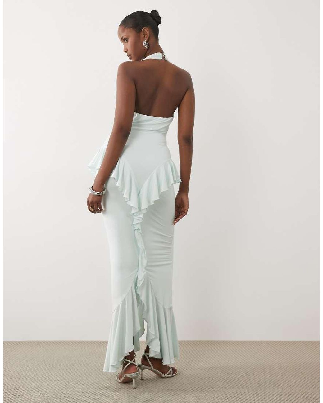 Ruched & Ready White Sculpting Jersey Halterneck Open Back Ruffle Drape Detail Maxi Dress