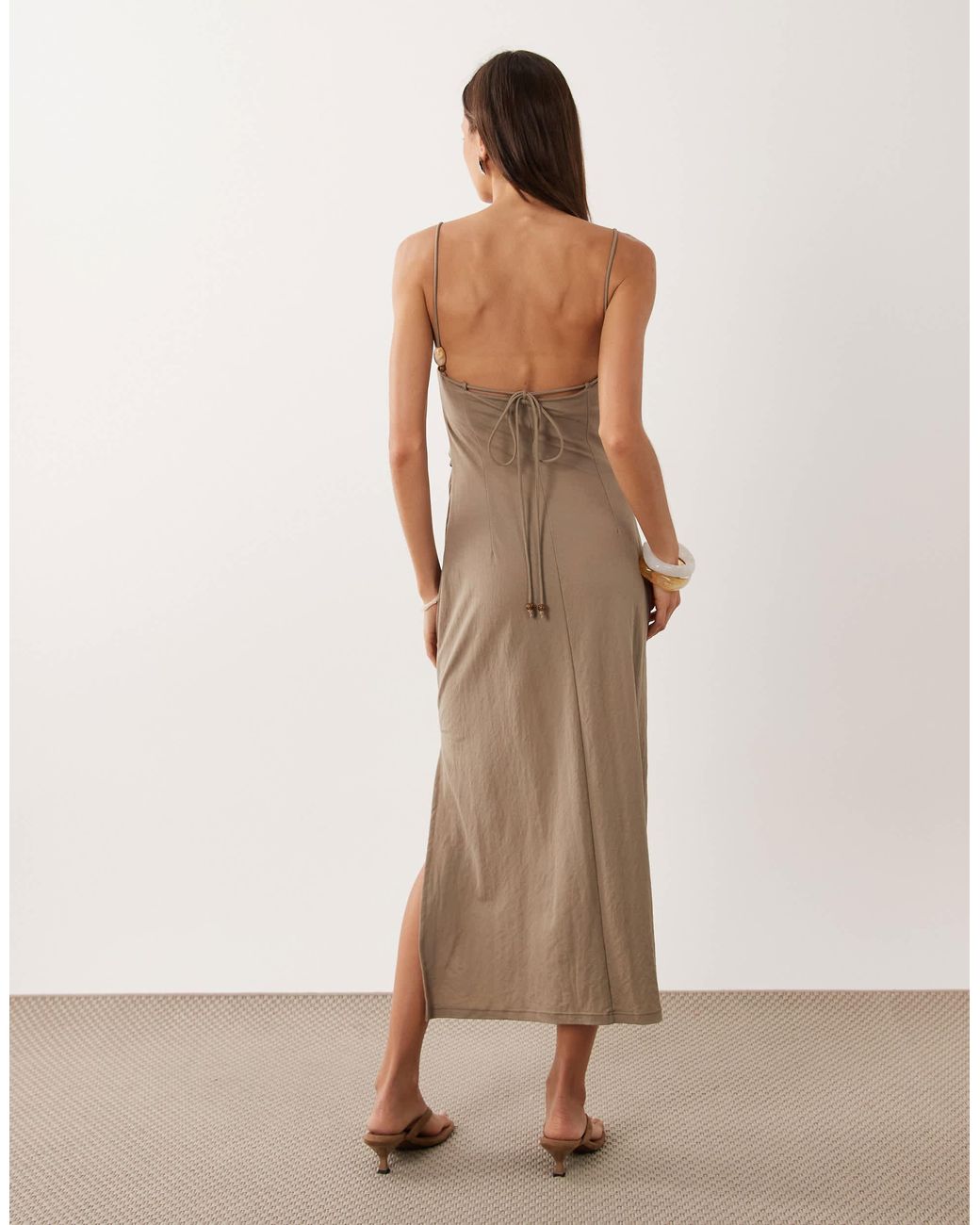 Mango Natural Square Neck Split Hem Midi Dress