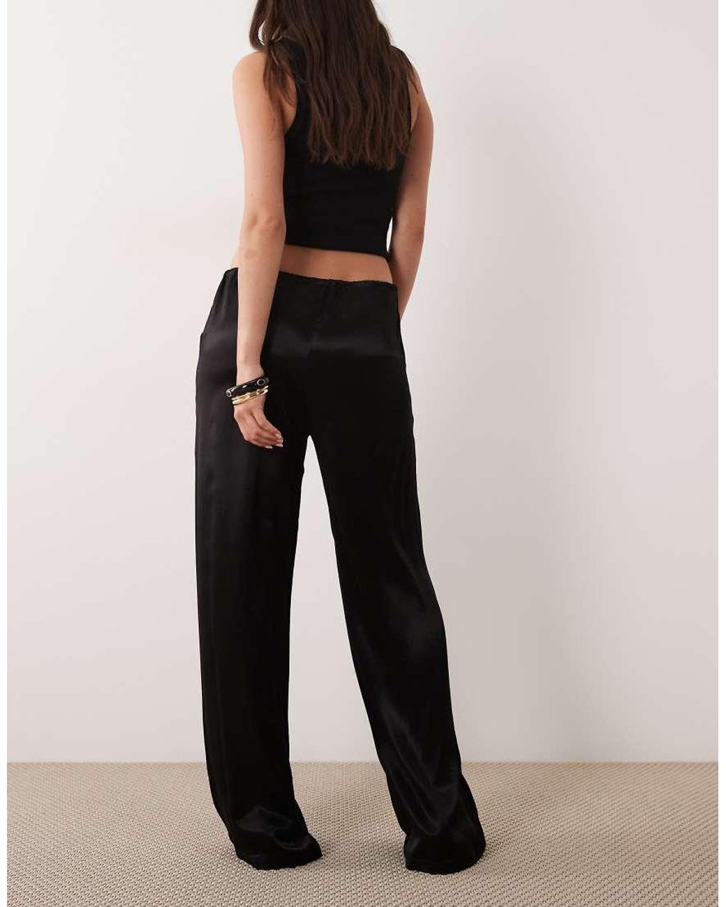 SNDY'S Black Satin Drawstring Wide Leg Trouser