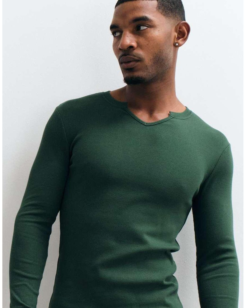 ASOS Green Muscle Fit Long Sleeve T-shirt With Notch Neck for men