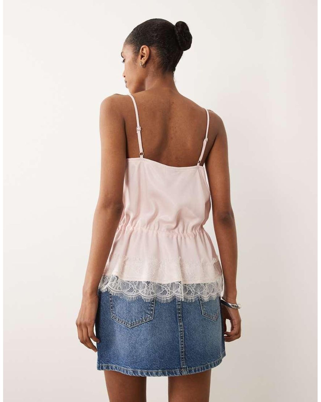 ASOS Pink Satin Lace Trim Tie Waist Cami Top