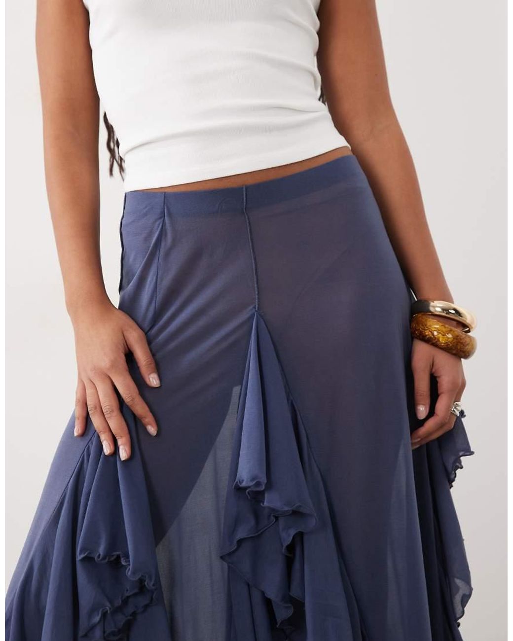 ASOS Blue Mesh Frill Detail Maxi Skirt