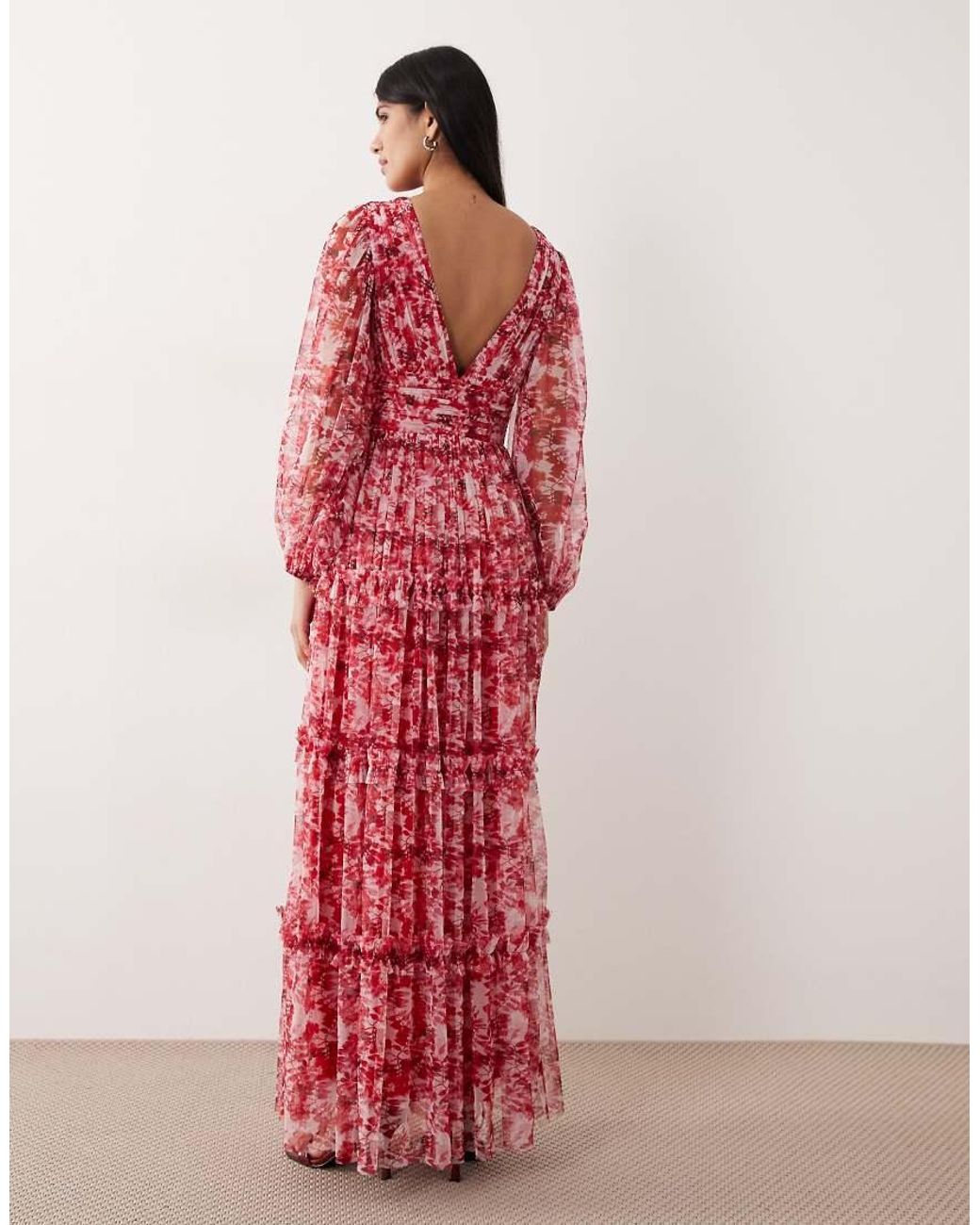 LACE & BEADS Red Deep V-neck Sheer Bell Sleeve Maxi Dress