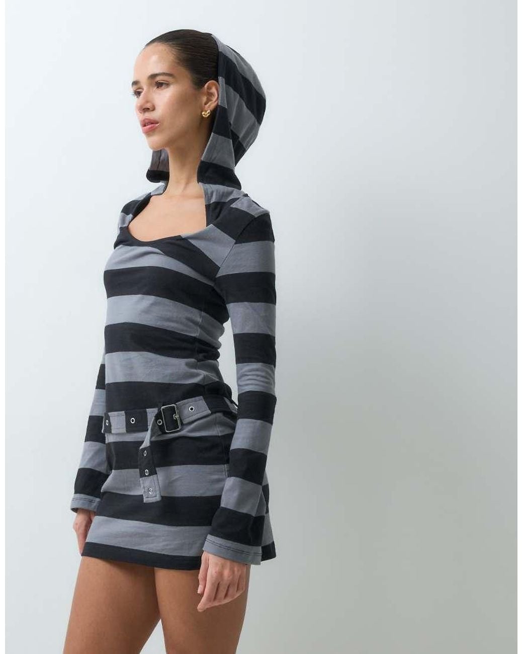 The Ragged Priest Blue Mini Hooded Stripe Jersey Dress With Belt