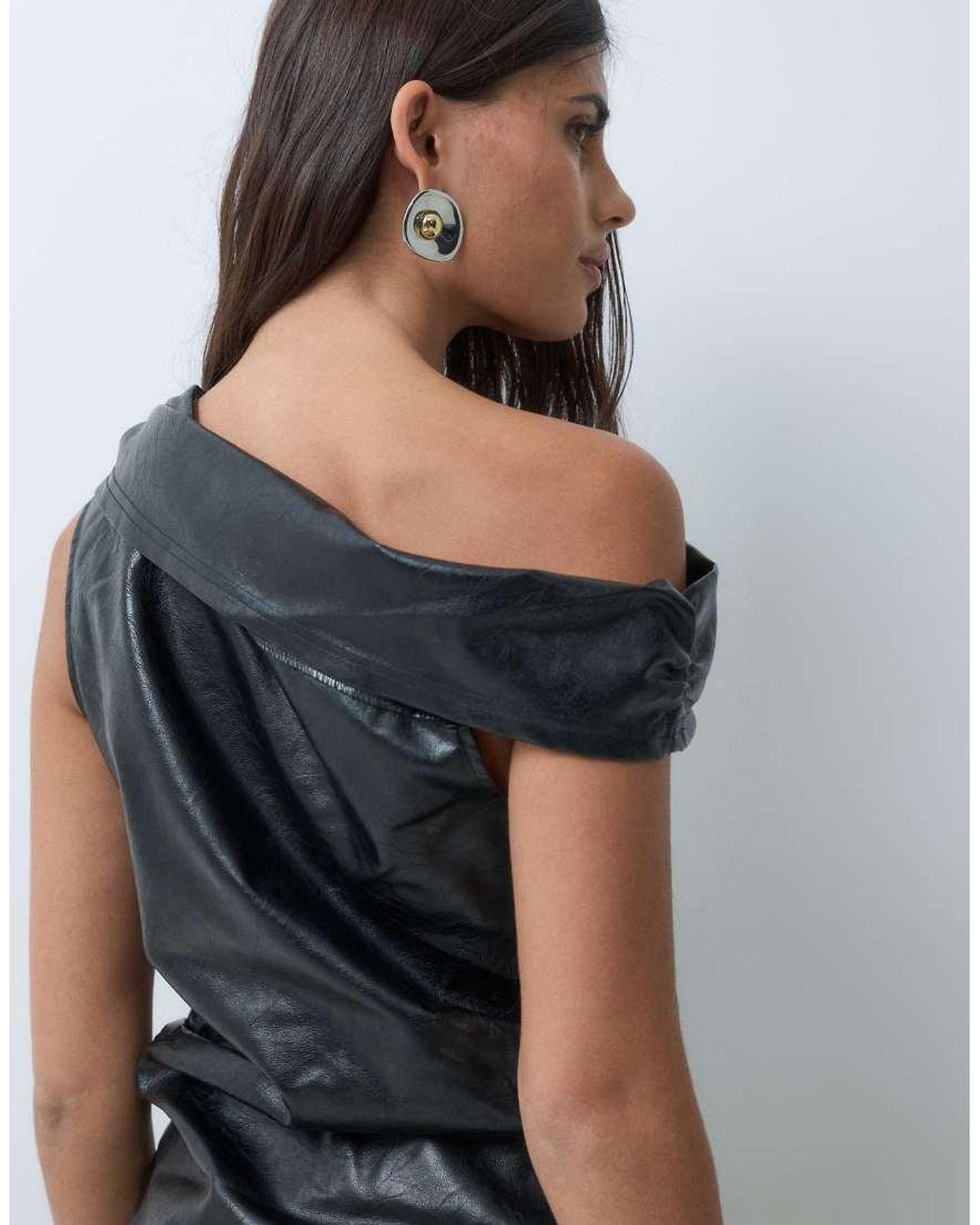 ASOS Blue Cinched Waist Leather Look Asymmetric Neck Top