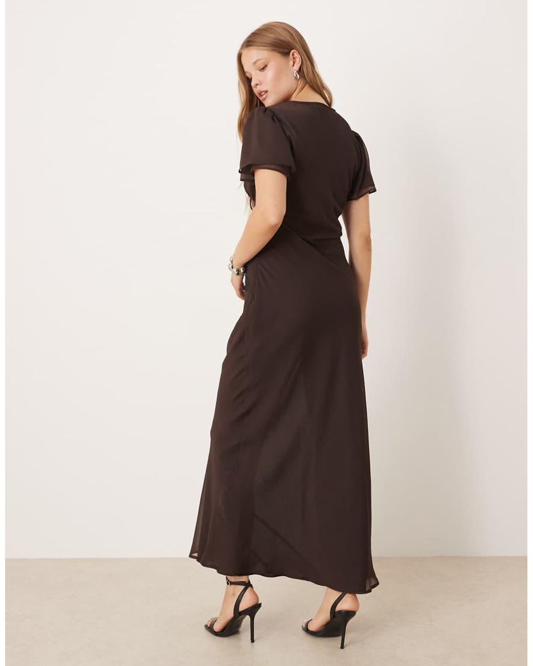 ASOS Flutter Sleeve Tie Front Maxi Tea Dress With Lace Detail in Natural