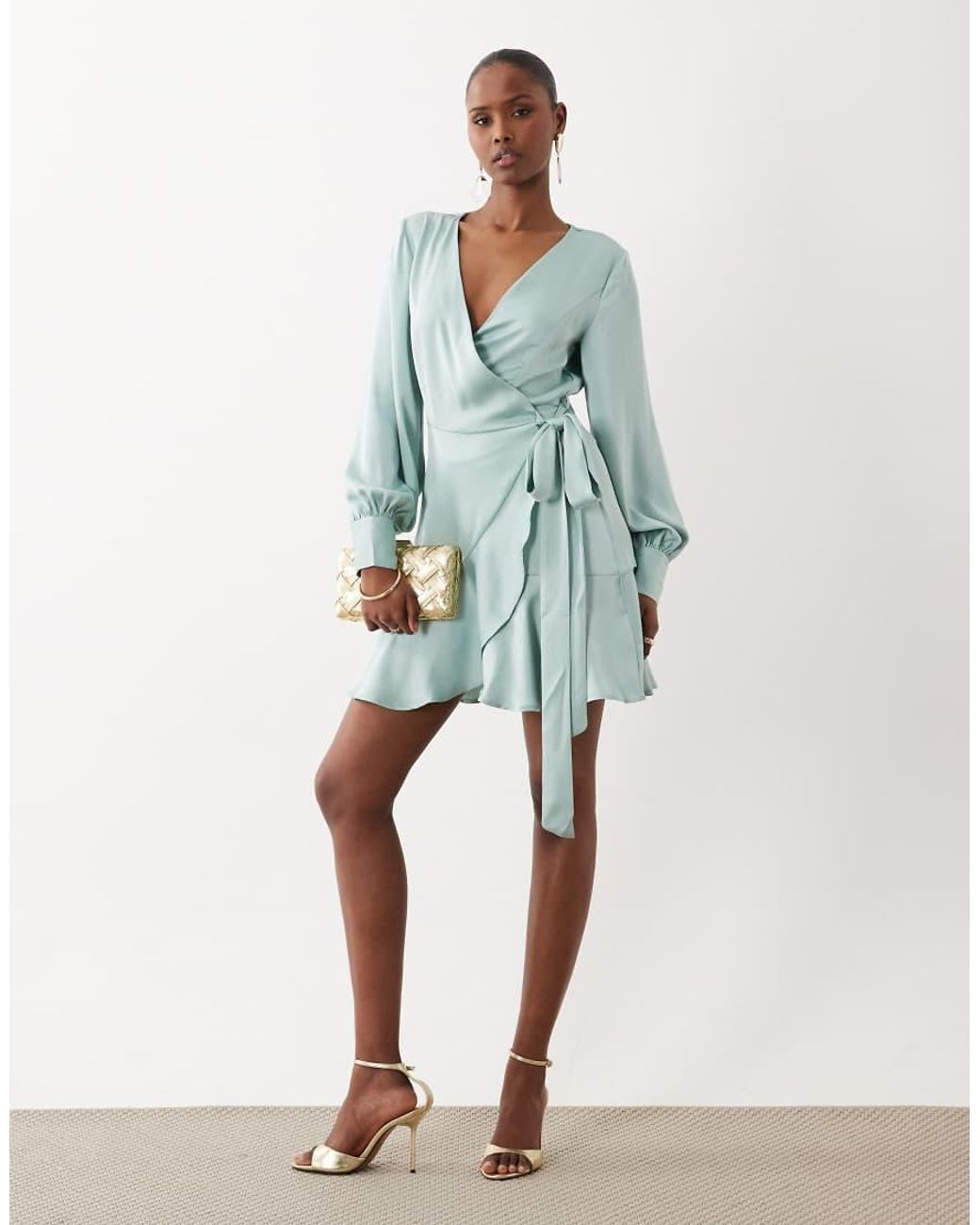 Vila Blue Long Sleeve Satin Wrap Mini Dress