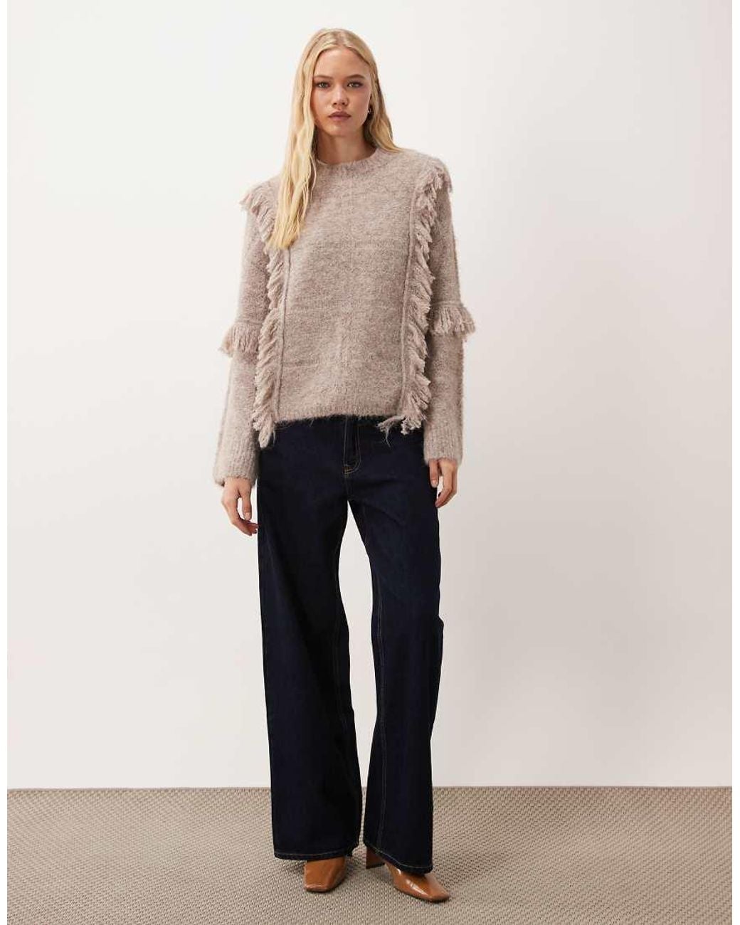Vila Brown Oversized Knitted Jumper With Fringe Trim