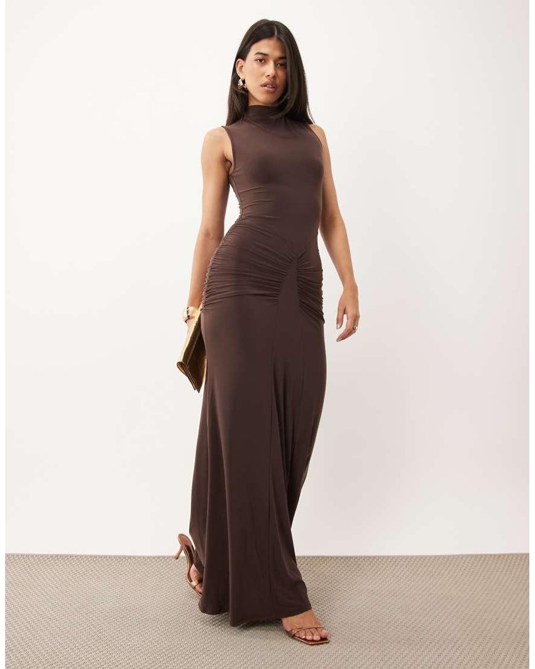 ASOS Brown High Neck Godet Detail Column Maxi Dress