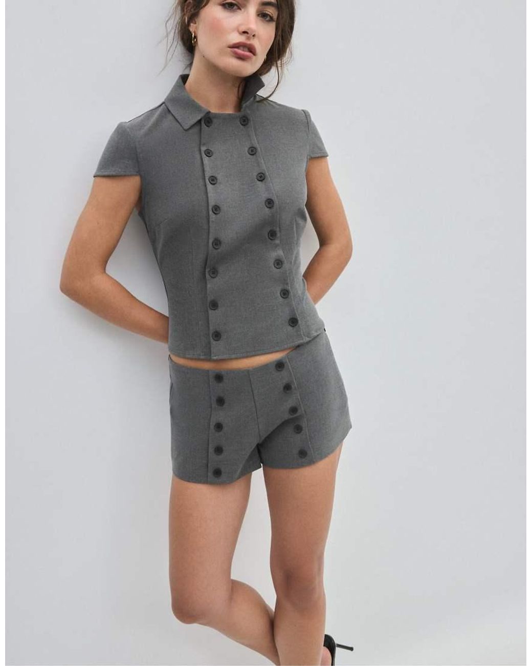 Stradivarius Gray Double-breasted Short Sleeve Shirt