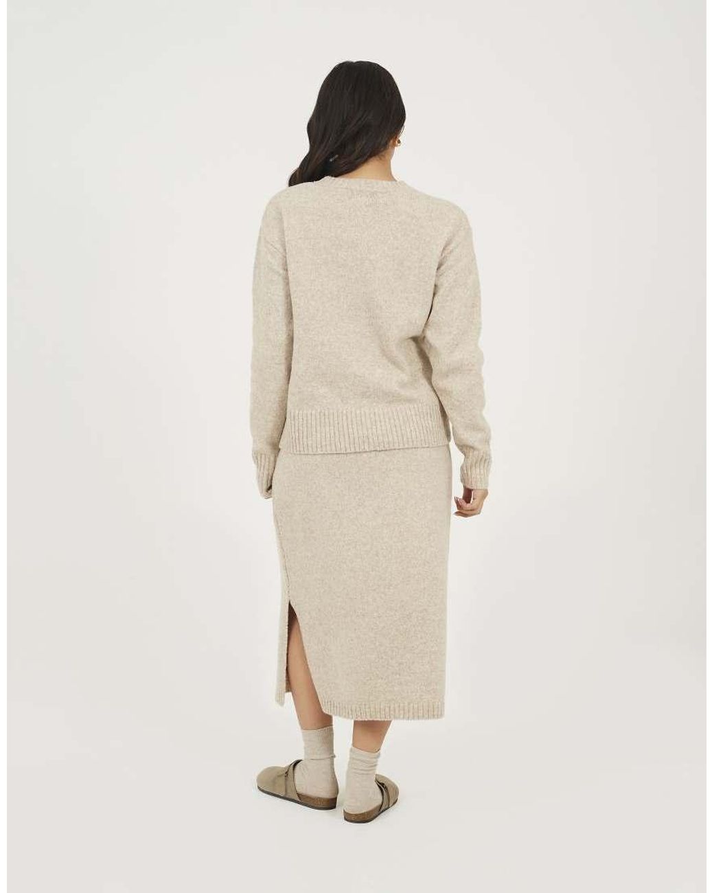 Brave Soul Natural Knitted Jumper And Midi Skirt Set